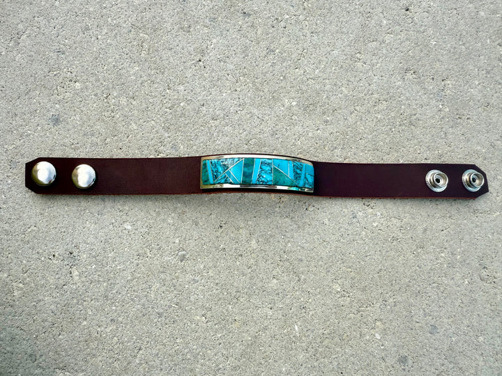 Navajo Turquoise Inlay Leather Cuff Bracelet – Handmade Sterling & Leather – Adjustable Snap Fit – Edison Yazzie
