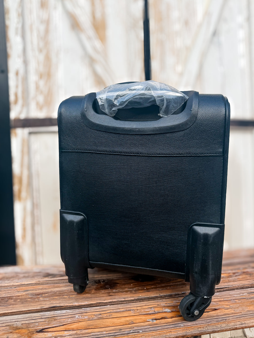 Black & White Diamond Check Leather Rolling Carry-On Suitcase | Small Travel Luggage