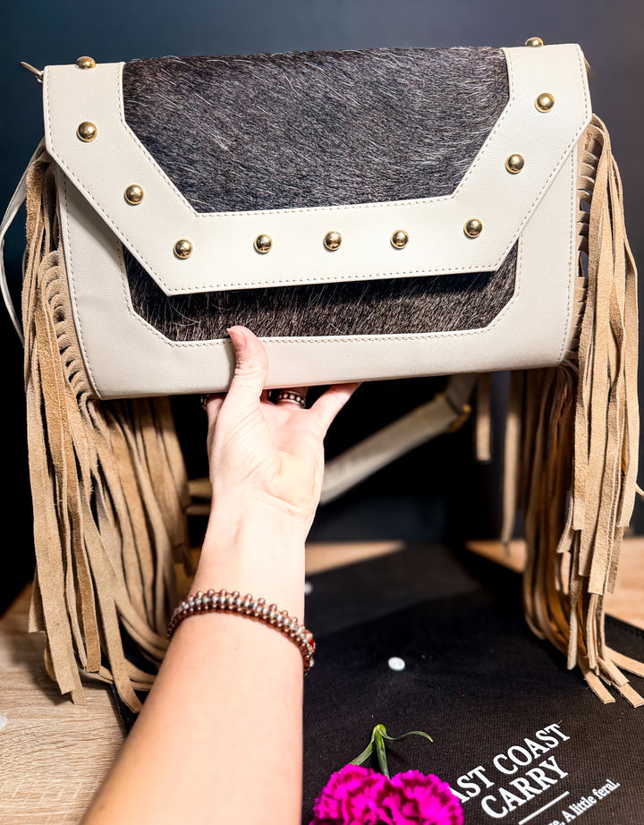 The Westbury | Charcoal Cowhide & Oatmeal Leather Fringe Bag