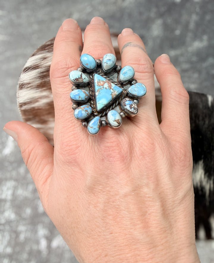 Wilson Dawes Golden Hills Turquoise Cluster Statement Ring — Navajo Handmade Sterling Silver