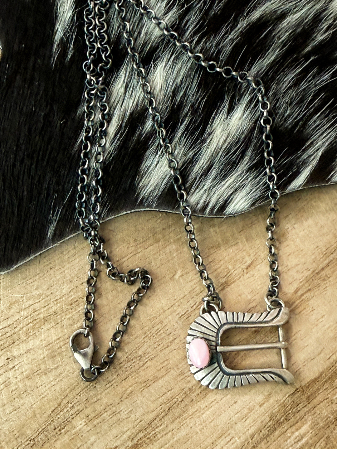 Navajo Pink Conch Belt Buckle Necklace by Patrick Yazzie | Sterling Silver | Handmade