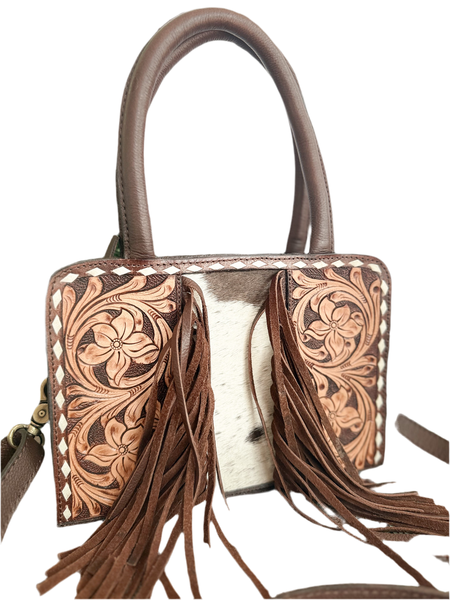 Little Wildflower : Hand Tooled Leather Cowhide and Fringe Mini Western Purse with Handles and Detachable Crossbody Strap