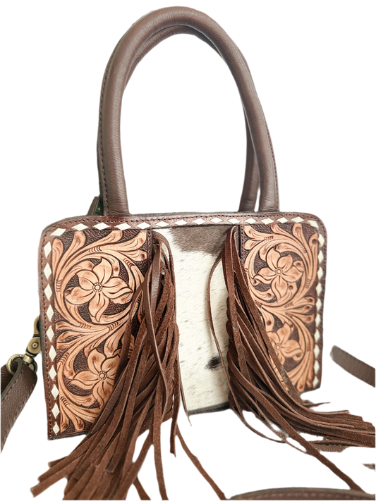 Little Wildflower : Hand Tooled Leather Cowhide and Fringe Mini Western Purse with Handles and Detachable Crossbody Strap