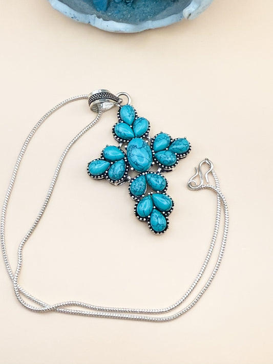 Turquoise Cross Pendant Necklace – 925 Sterling Silver with 18” Chain