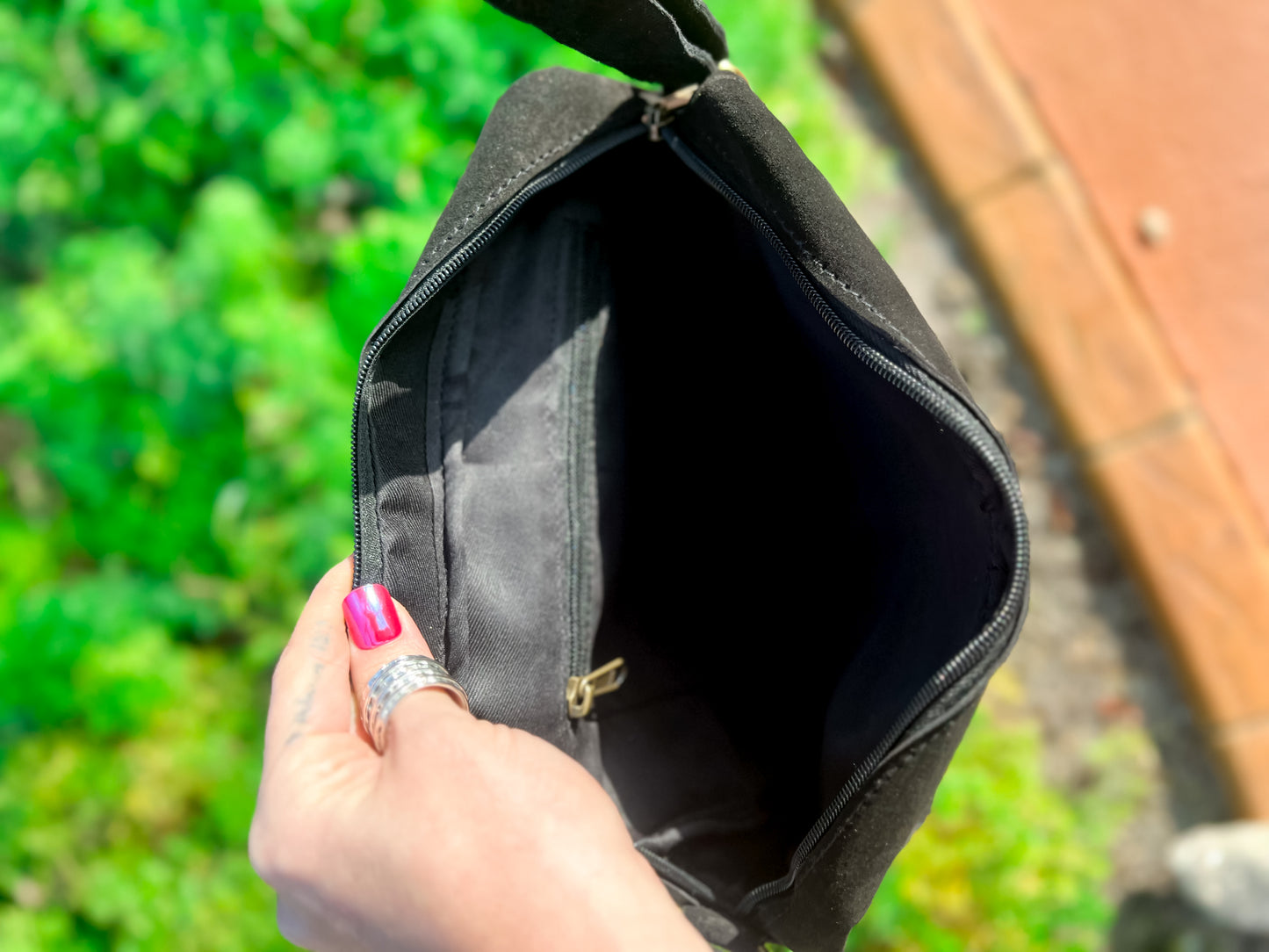 Suede fringed and stitched satchel in black