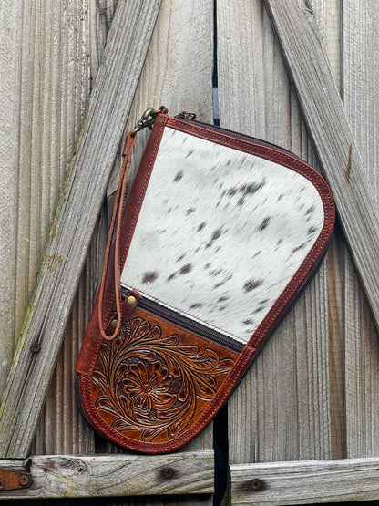 Tooled leather and cowhide zipper handgun case