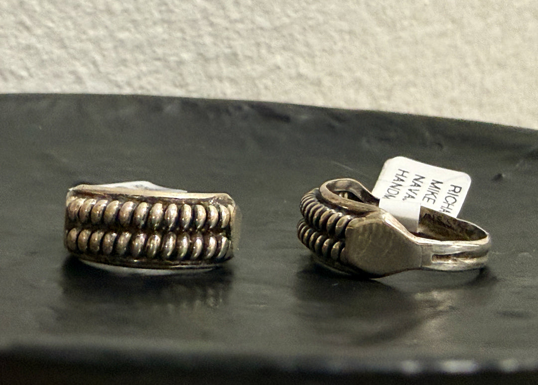 Front and side view of Navajo Sterling Silver Beaded Raindrop Band Ring Handmade by Richard Mike Size 7.5, 8