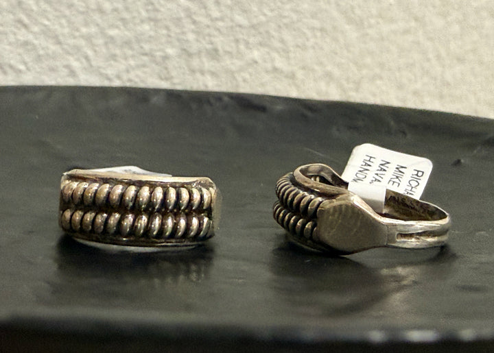 Front and side view of Navajo Sterling Silver Beaded Raindrop Band Ring Handmade by Richard Mike Size 7.5, 8