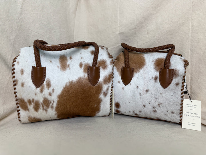 Soft & Strong™ Cowhide Satchel | Caramel & White Genuine Hair-On Hide Leather Handbag