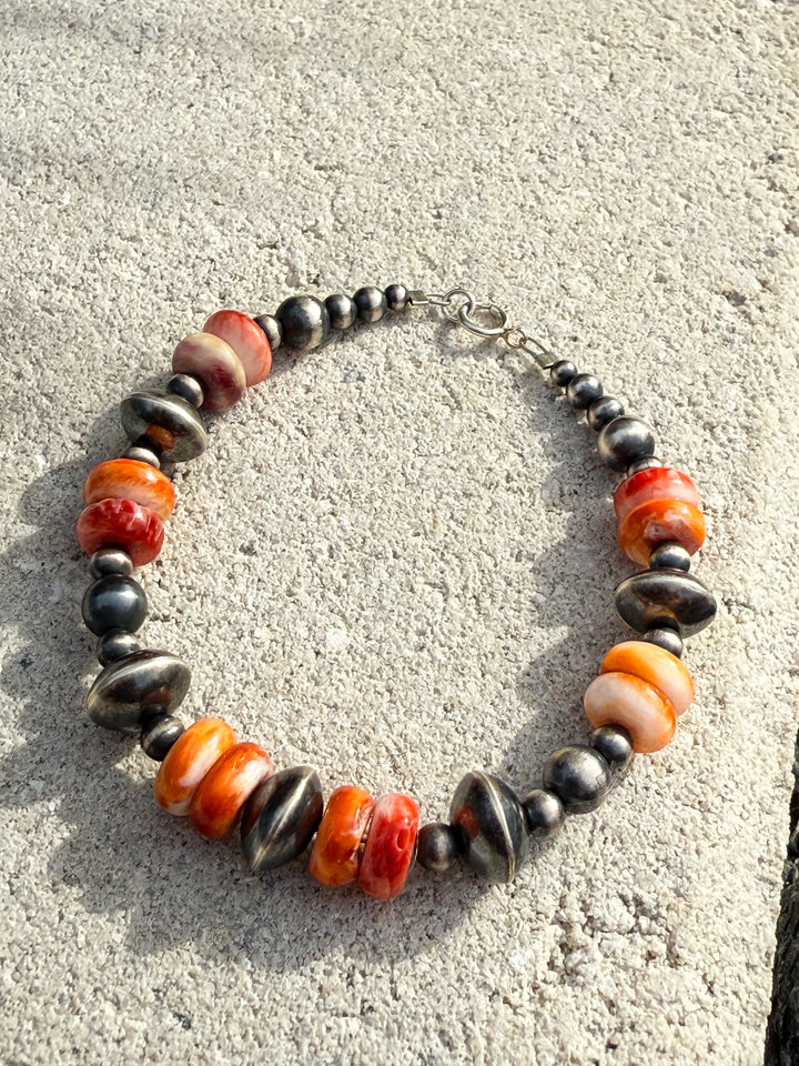 7” Machine made Sterling Silver bead & Spiny Oyster Bracelet, Navajo strung “Navajo Pearl Bracelet”