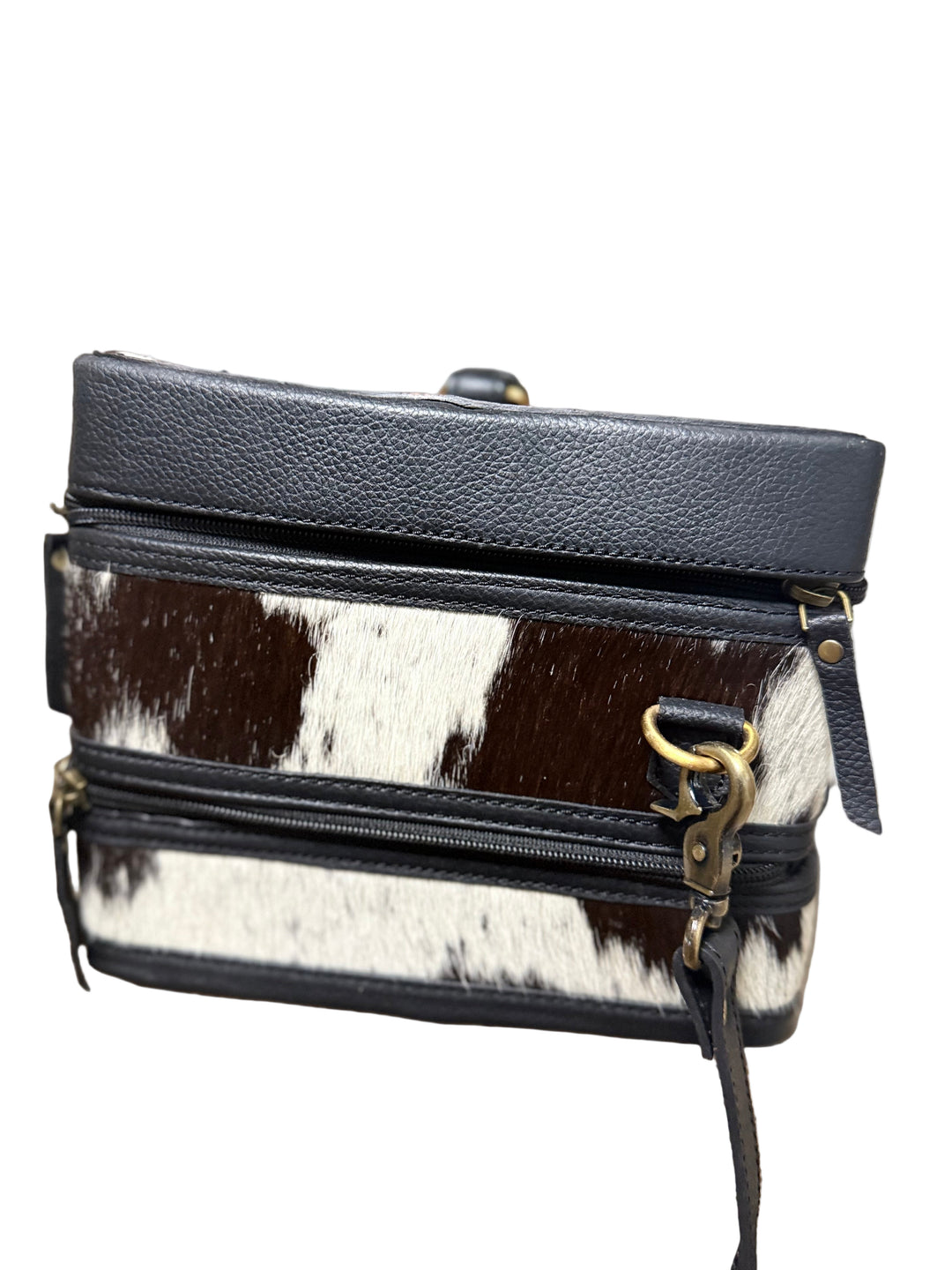 The Double Decker in Black | Large Black and White Cowhide and Tooled Leather Jewelry Case