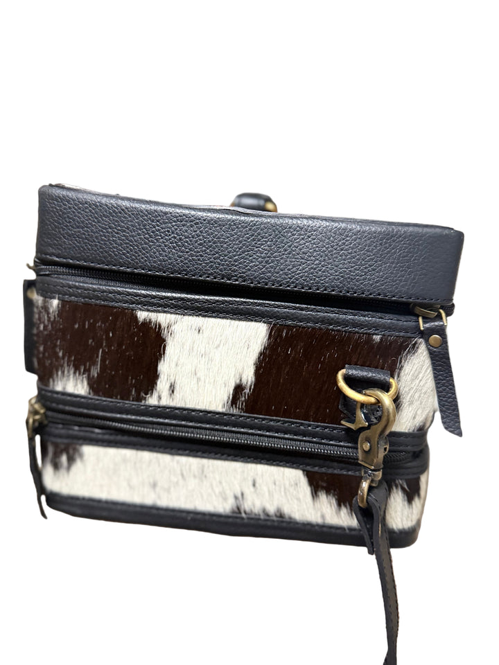 The Double Decker in Black | Large Black and White Cowhide and Tooled Leather Jewelry Case