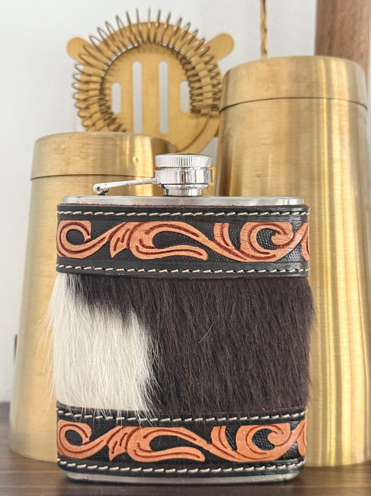 “The Western Gentleman” Hand Tooled Leather and Cowhide Flask