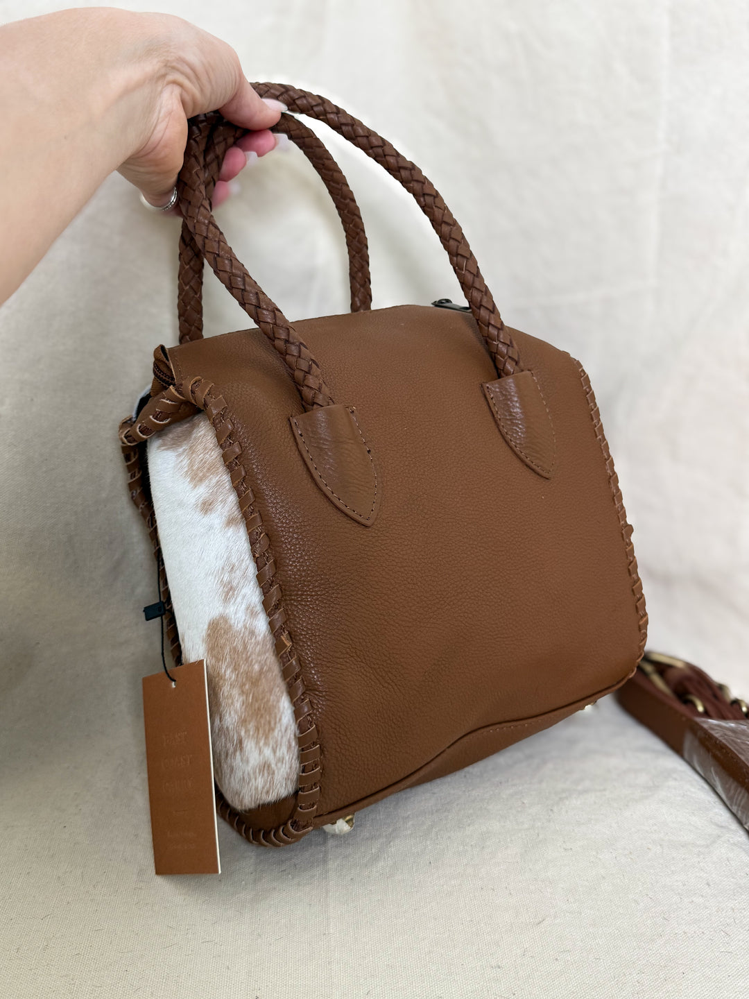 Soft & Strong™ Cowhide Satchel | Caramel & White Genuine Hair-On Hide Leather Handbag