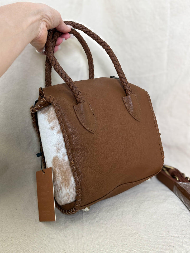 Soft & Strong™ Cowhide Satchel | Caramel & White Genuine Hair-On Hide Leather Handbag