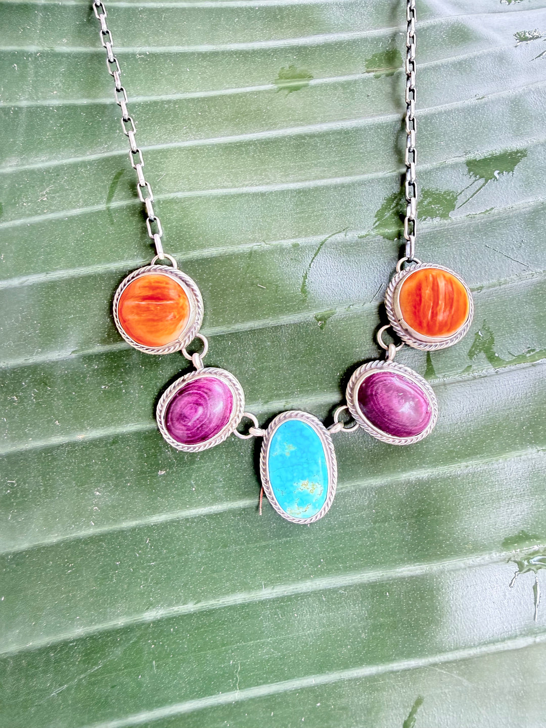 Sheila Tso Navajo Whitewater Turquoise, Purple and Orange Spiny Oyster Necklace