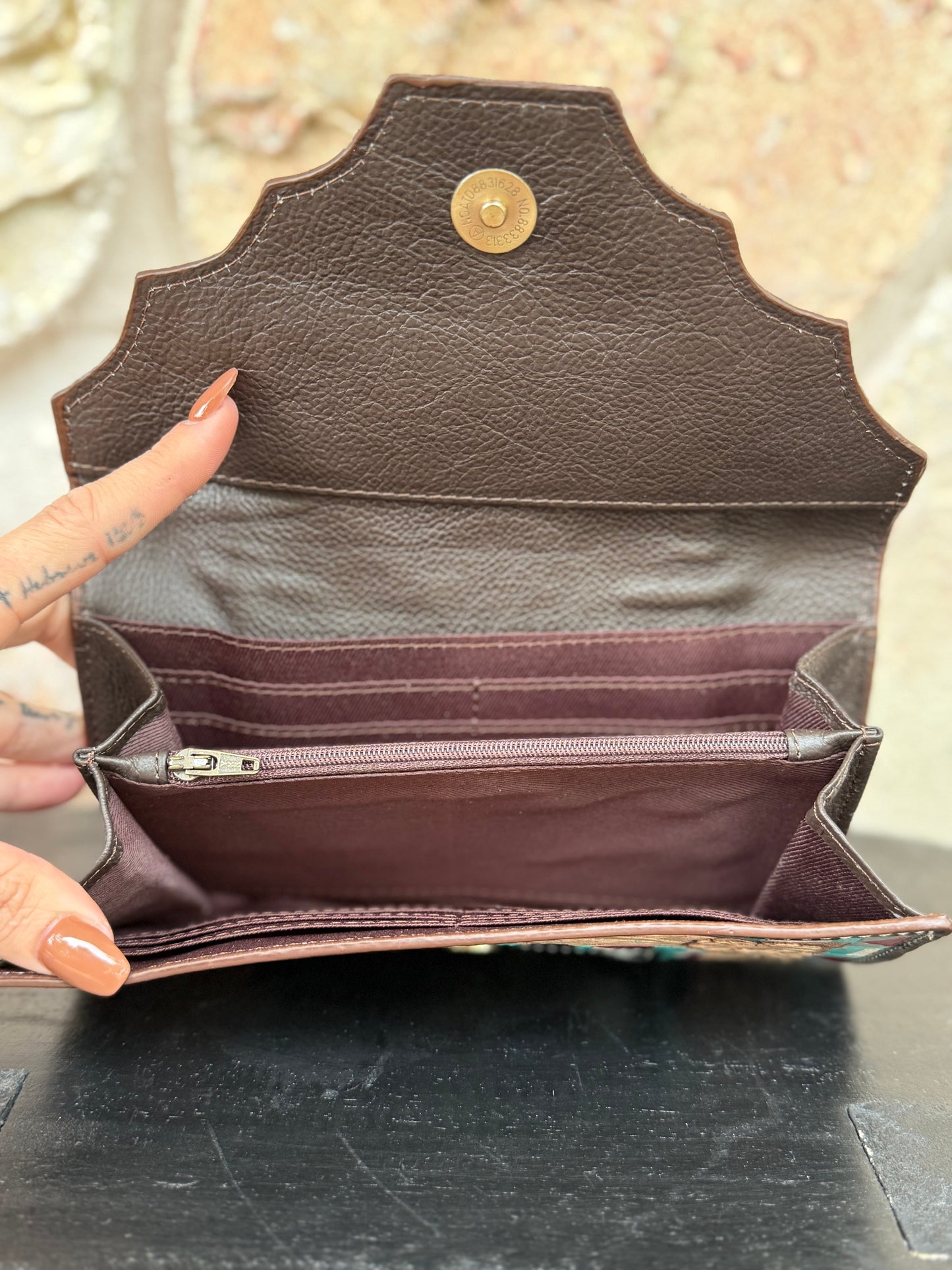 Coral Corral : Inlayed Tooled Leather Turquoise Design Cowhide Wallet