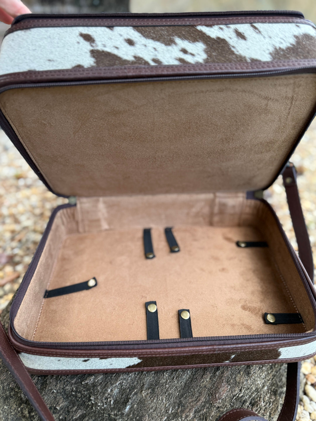 The Double Decker in Chocolate Brown | Large Dark Brown and White Cowhide and Tooled Leather Jewelry Case