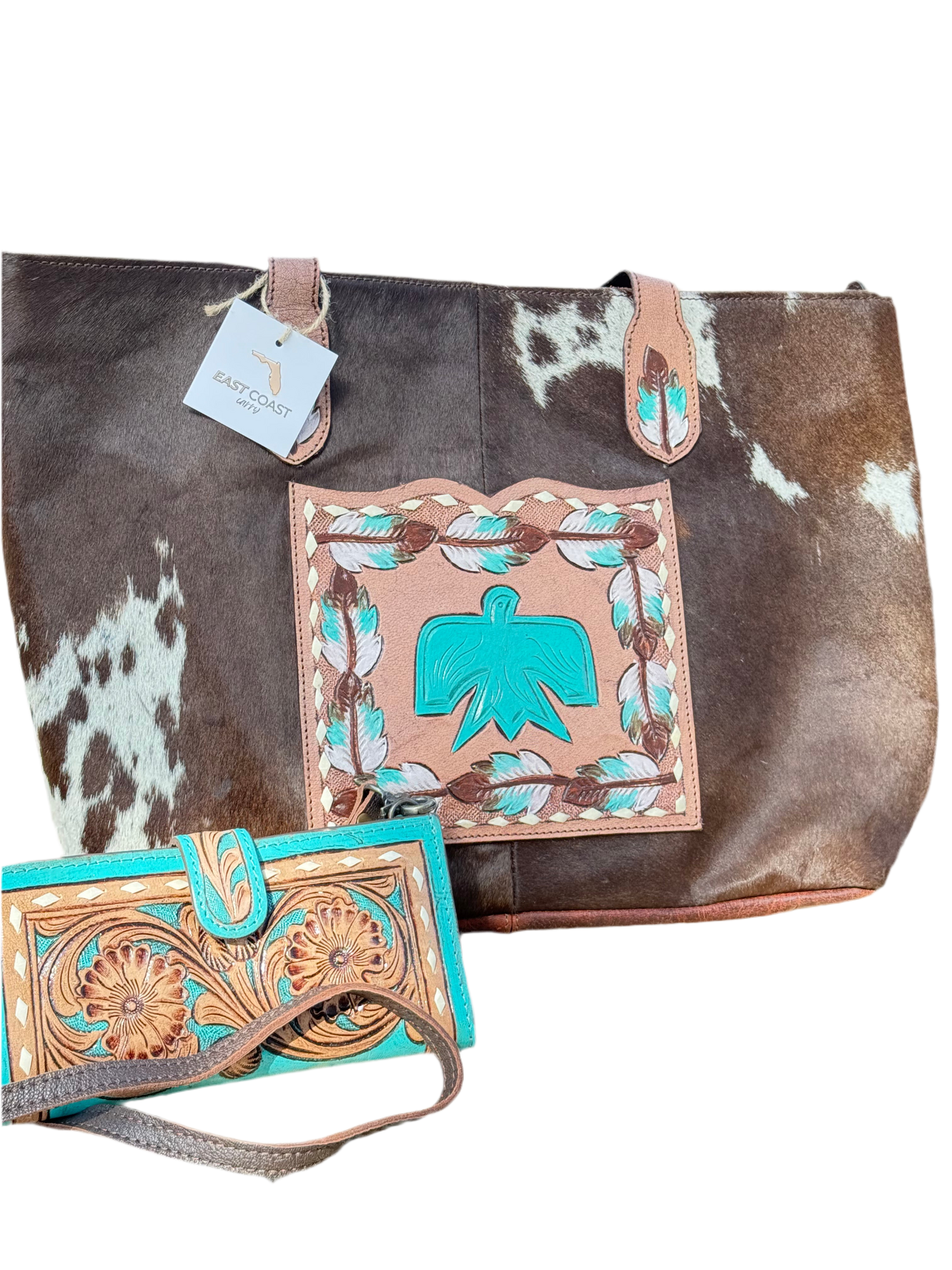 Turquoise Thunder : Cowhide Tooled Leather Concealed Carry Tote & Clutch Set Thunderbird Design