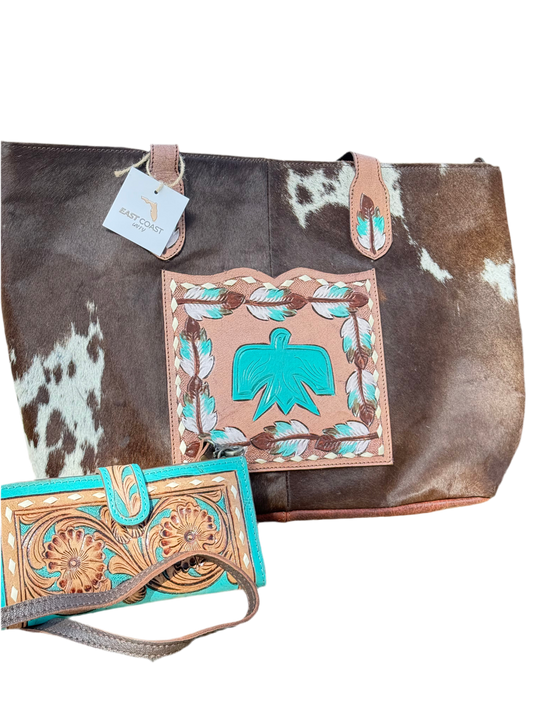 Turquoise Thunder : Cowhide Tooled Leather Concealed Carry Tote & Clutch Set Thunderbird Design