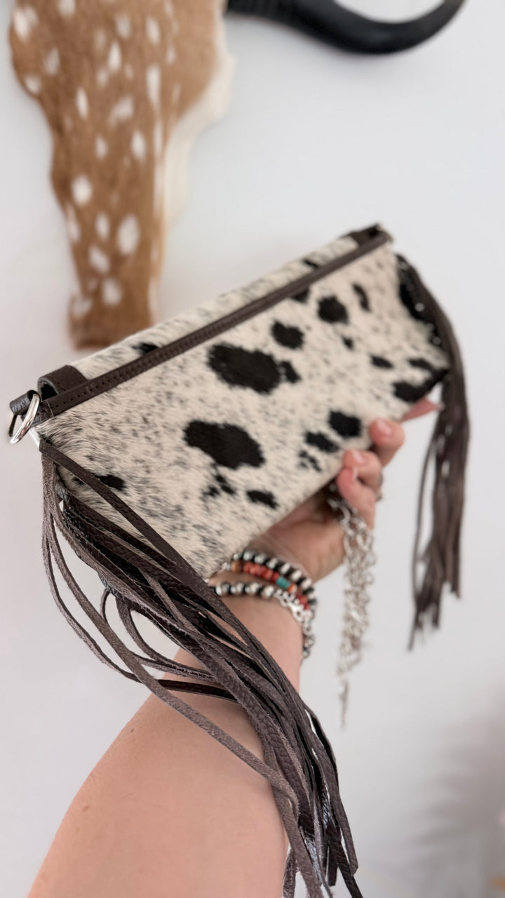 Night Moves | Cowhide Leather Fringe Clutch & Chain Crossbody Purse