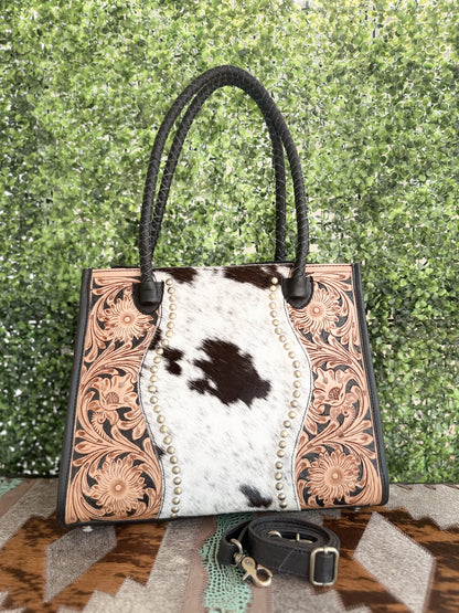 Family Tradition : in Black Leather - Tooled Leather & Cowhide Concealed Carry Tote