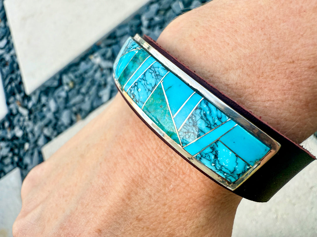 Navajo Turquoise Inlay Leather Cuff Bracelet – Handmade Sterling & Leather – Adjustable Snap Fit – Edison Yazzie