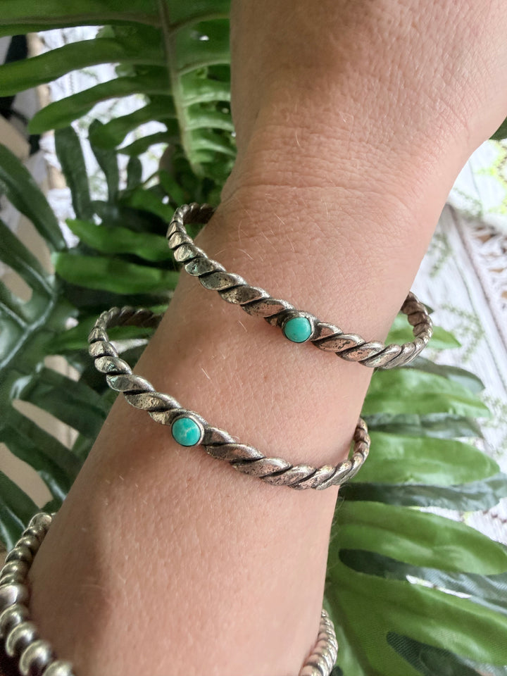 Vintage Sterling Silver & Turquoise Childs Cuff Bracelets | Set of 2