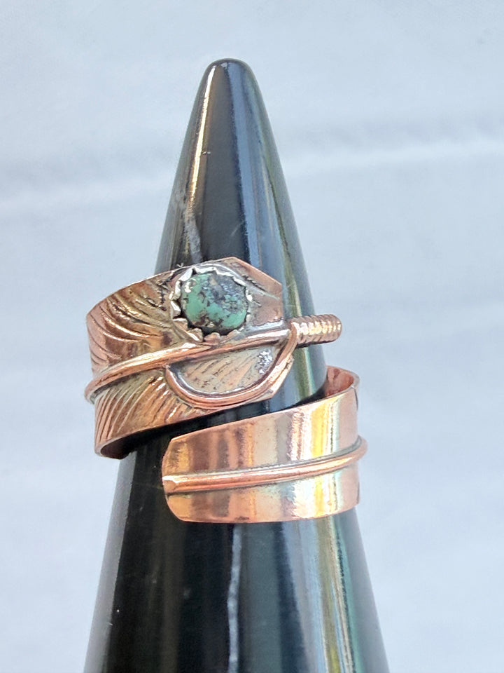 Aaron Davis Navajo Handmade Turquoise & Copper Feather Bypass Ring