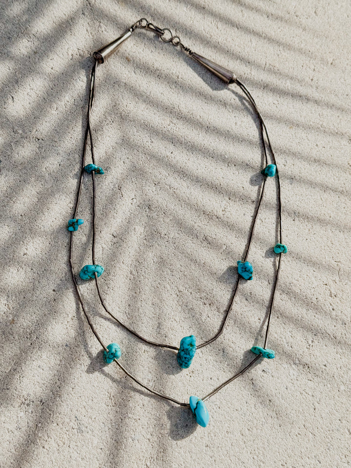 Vintage Liquid Silver Double Strand Turquosie Nugget Neclace
