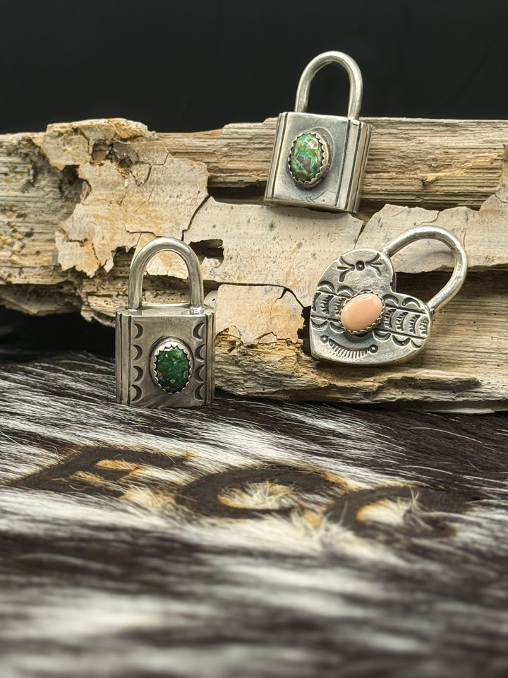 Navajo Sterling Silver Lock Necklace Charm Pendants | Turquoise or Pink Conch