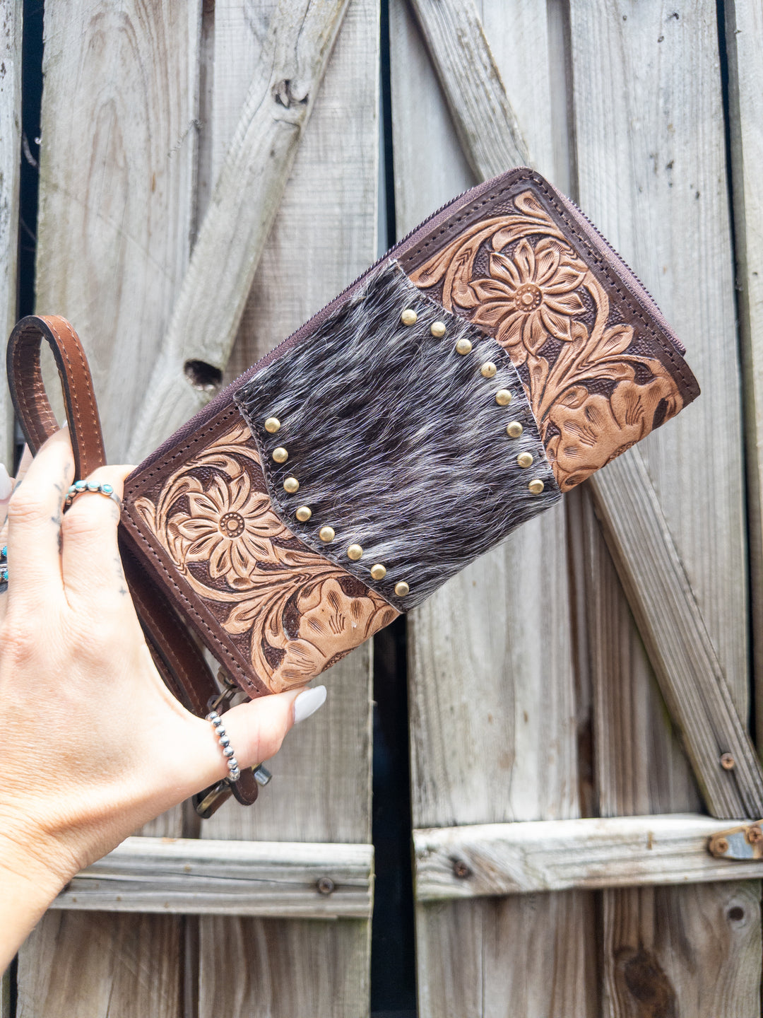 Handmade Women’s western leather and cowhide wallet brown and tan leather hair on cowhide studded zipper closure multi card