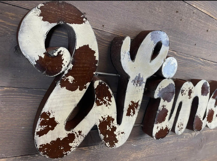 Rustic Cowhide Inspired Hand-Welded Metal WINE Sign | Western Home Bar Decor