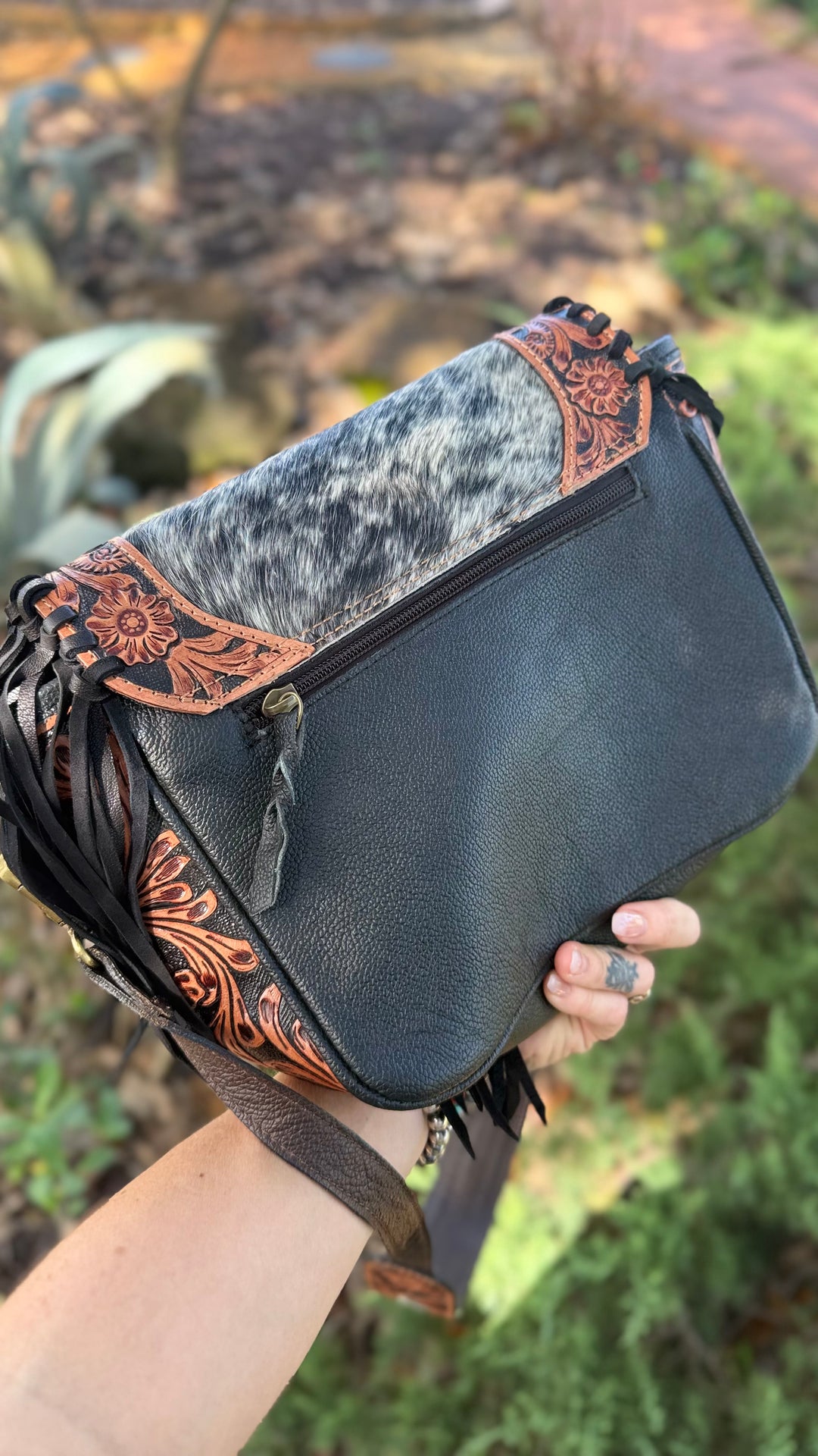The Midnight Drifter | Cowhide & Tooled Leather Fringe Crossbody Bag
