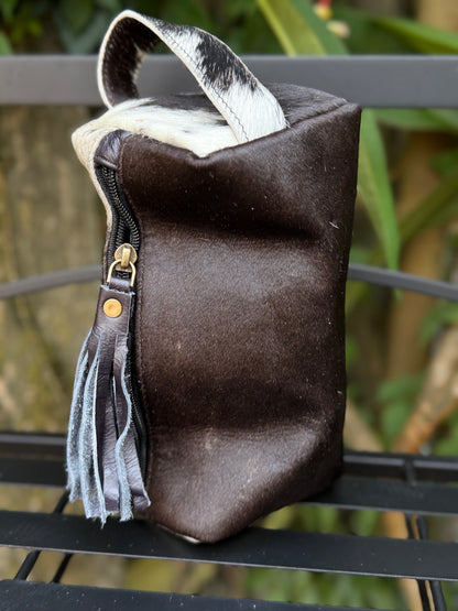 Black Cowhide & Leather Travel Cosmetic Bag | Black Fringe