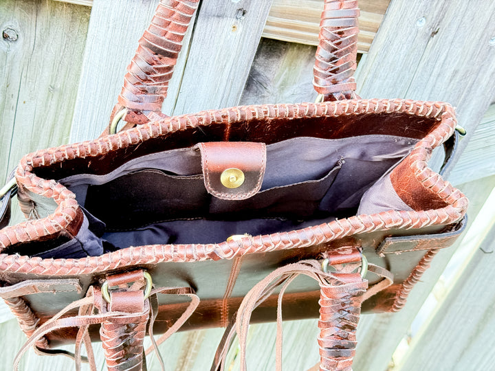 The Everglades Outrider | Distressed Brown Leather Western Purse with Braided Straps and Hair on Cowhide