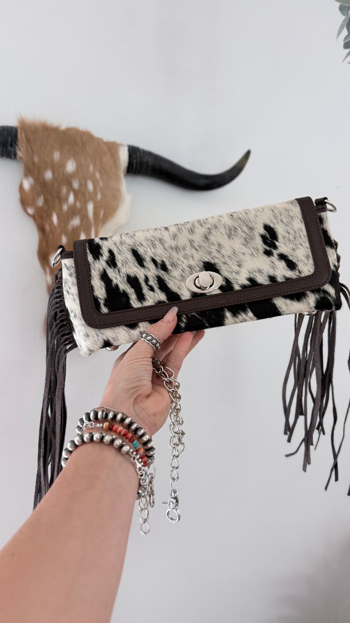 Night Moves | Cowhide Leather Fringe Clutch & Chain Crossbody Purse