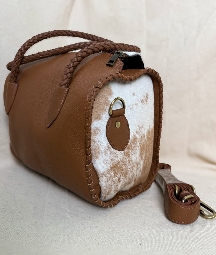 Soft & Strong™ Cowhide Satchel | Caramel & White Genuine Hair-On Hide Leather Handbag