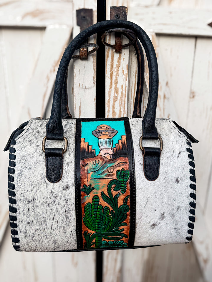 Hand-painted western tooled leather black and white speckled cowhide Speedy satchel with ufo desert artwork and cactus design