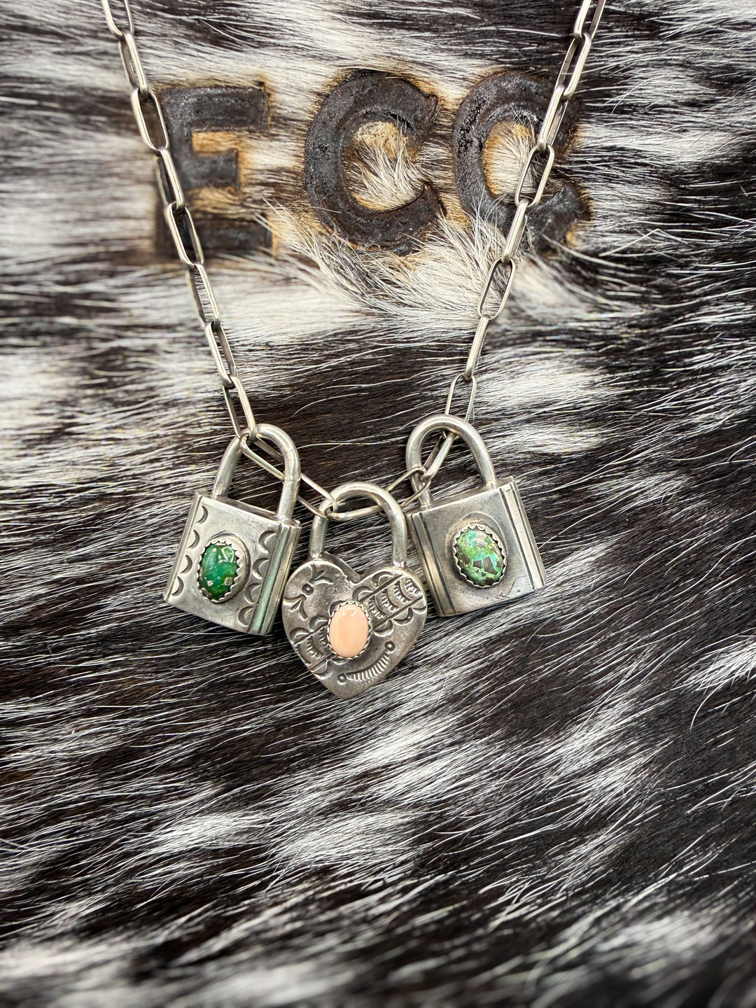 Navajo Sterling Silver Lock Necklace Charm Pendants | Turquoise or Pink Conch