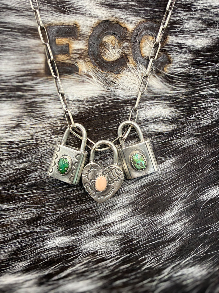 Navajo Sterling Silver Lock Necklace Charm Pendants | Turquoise or Pink Conch