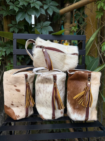 Brown/Tan Cowhide & Leather Travel Cosmetic Bag | Zipper Toiletry Case