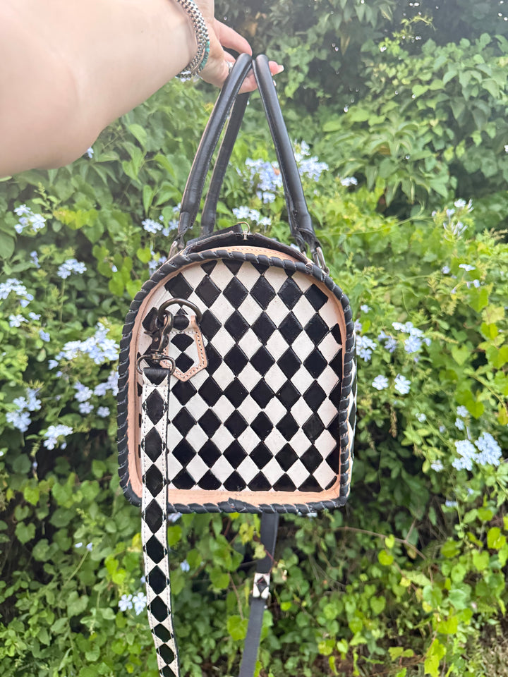 The Speed Check | Handmade Leather Checkered Bowler Bag 3 Sizes Genuine Leather Black White Checkered Tooled Design Structured Satchel