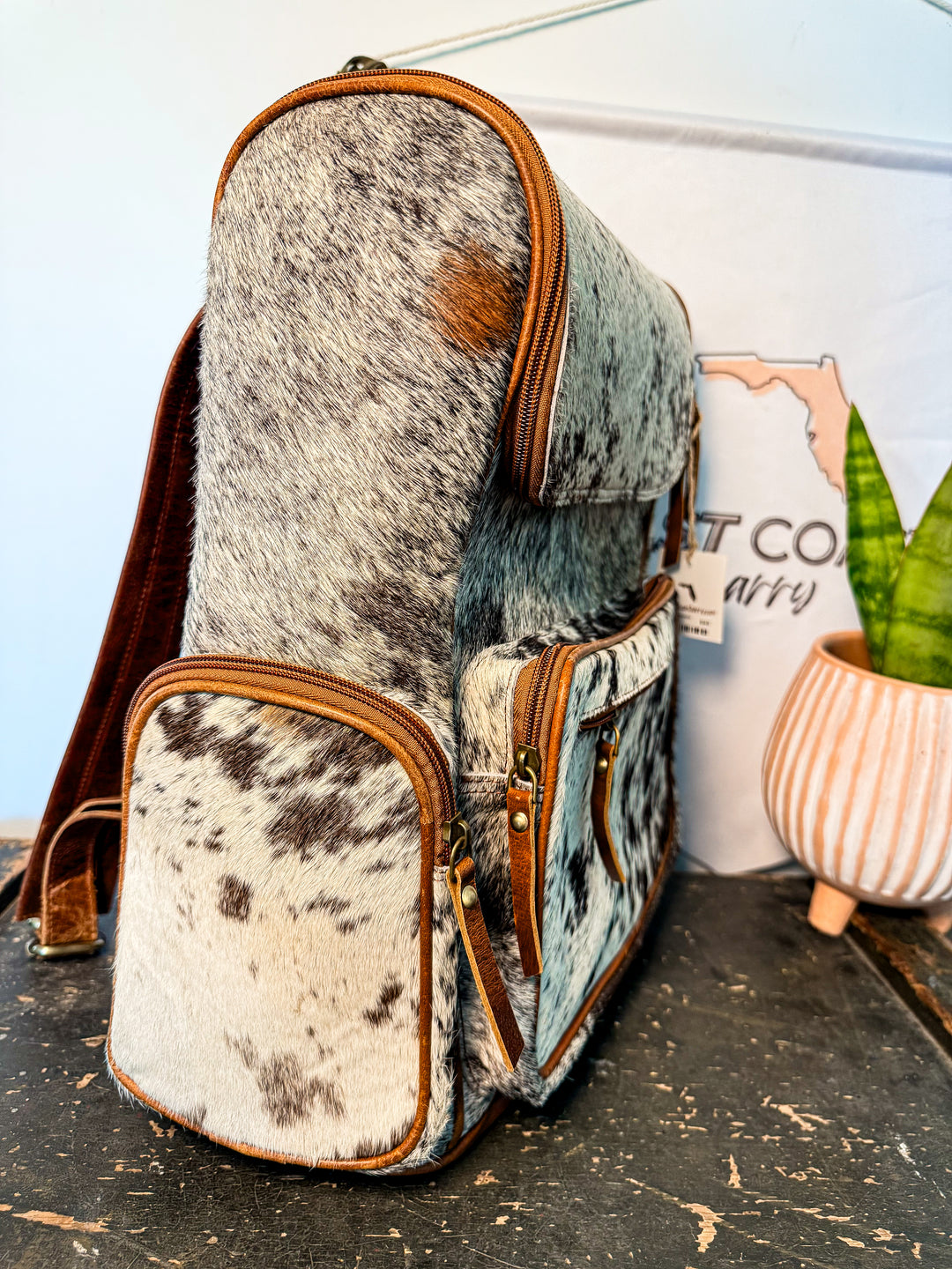 The Bubba Bag | Hair on Cowhide Full Grain Leather All Adventures Backpack in Speckled Hide