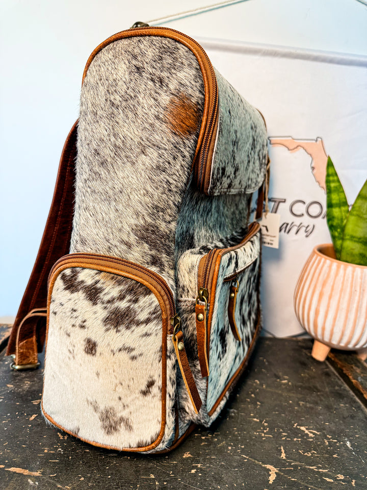The Bubba Bag | Hair on Cowhide Full Grain Leather All Adventures Backpack in Speckled Hide