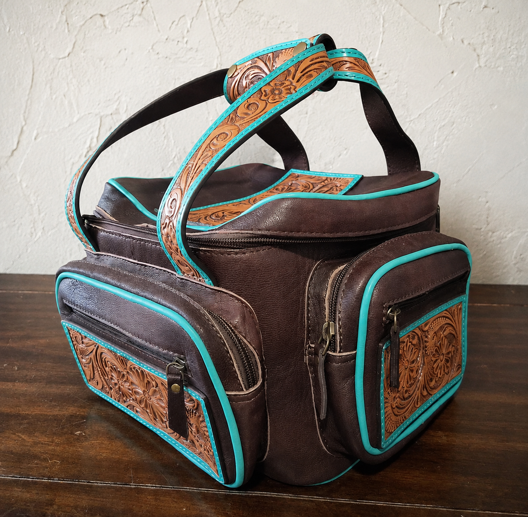 The Lunch Money | Tooled Leather Insulated Lunch Box & Cooler Bag – Brown + Turquoise