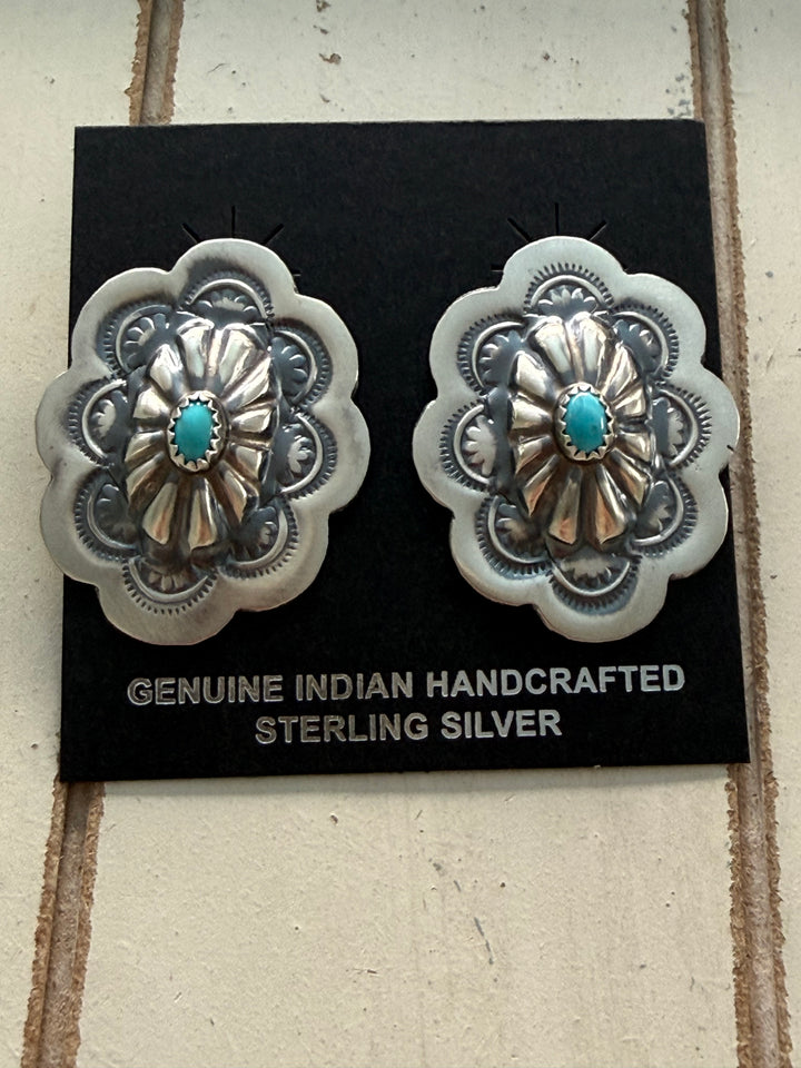 Lavina Benally Kingman Turquoise Sterling Silver Concho Earrings | Navajo Handmade