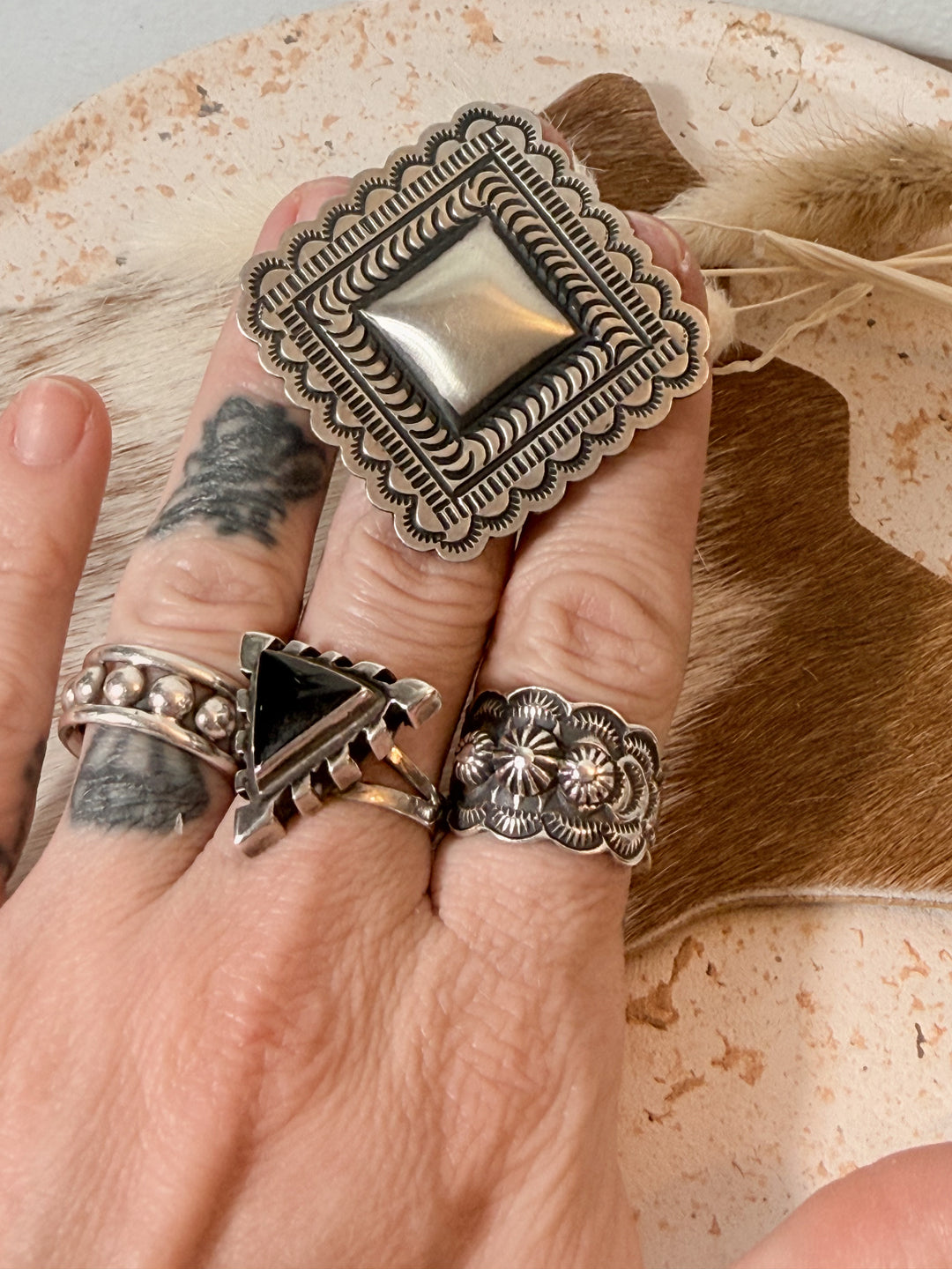 Leander Tahe Navajo Handmade Sterling Silver Diamond Statement Ring
