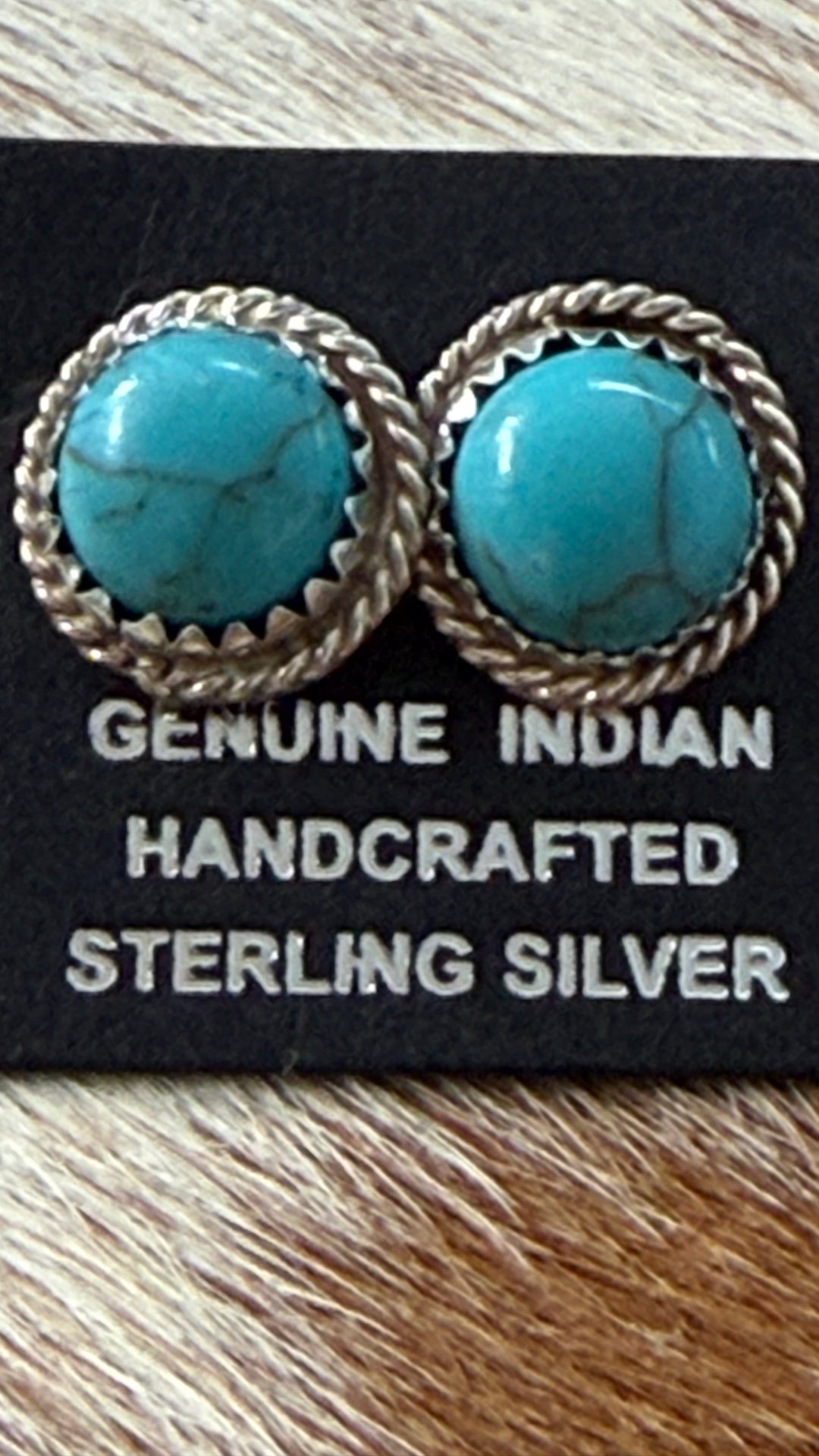 Navajo Handmade Turquoise Stud Earrings | Sterling Silver Rope Border | 10mm Native American Jewelry