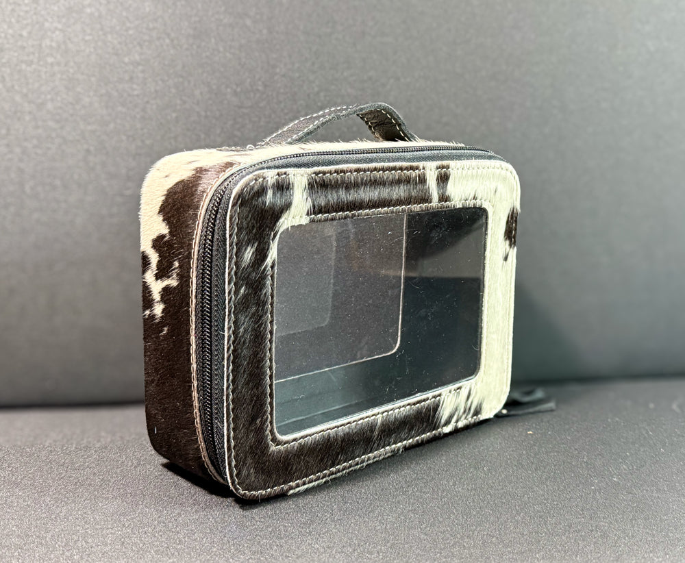 black white cowhide clear makeup bag western toiletry pouch leather